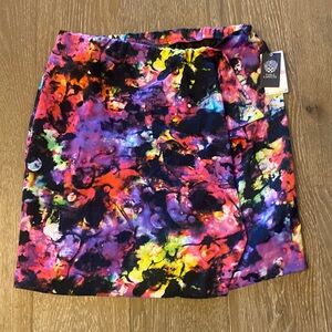 NWT Vince Camuto Abstract Paint Splash Ruffled Mini Skirt Black Pink Purple 6 S